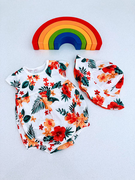 Flower bodysuit with reversible hat